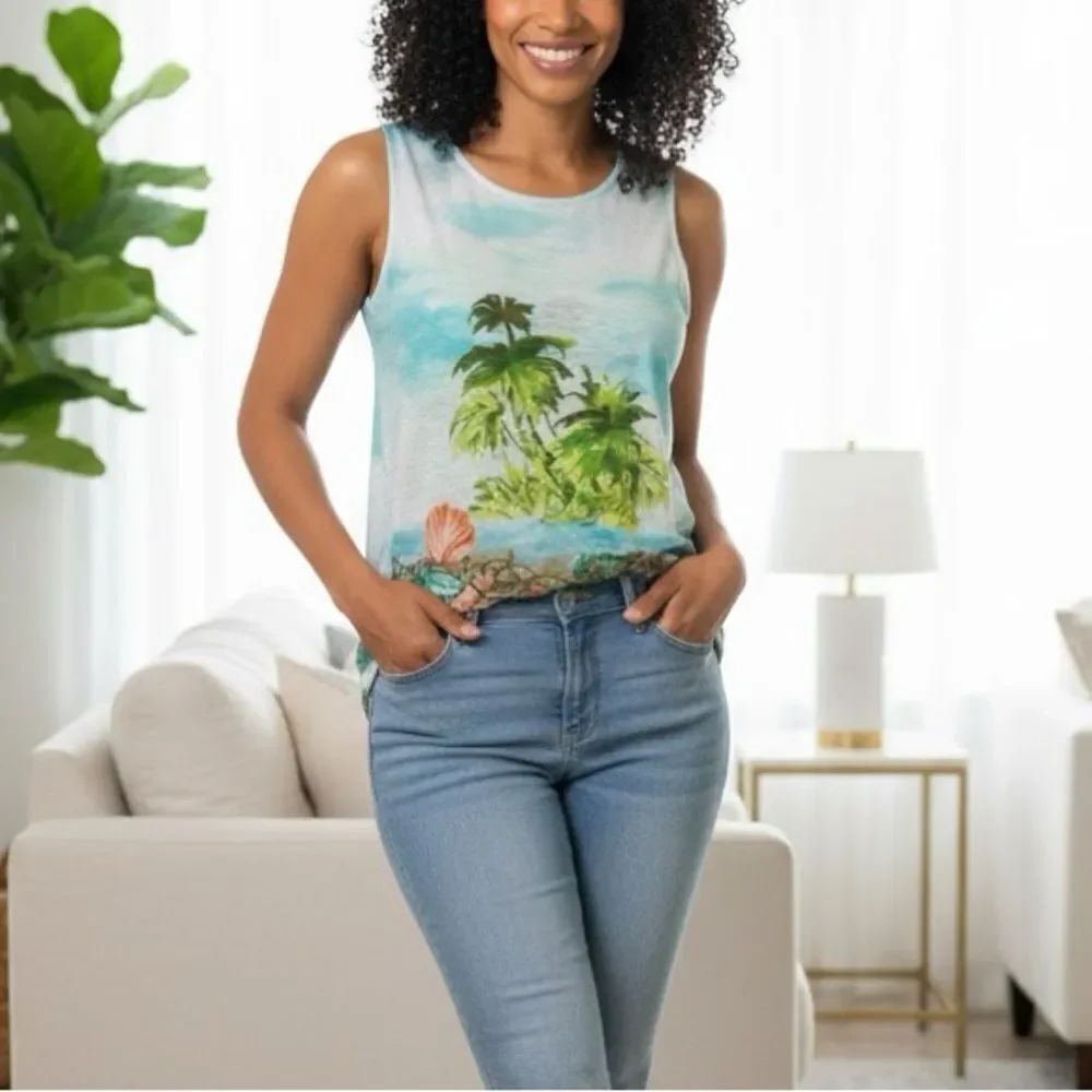 J. Jill Love Linen Palm Print Linen Tank Top In Green And Blue Size M
